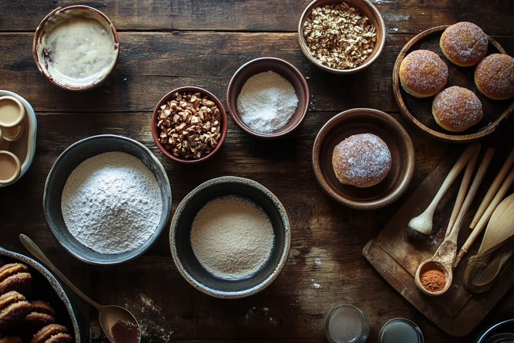separated ingrendients in bowls for vegetarian cinnamon sugar donut muffins