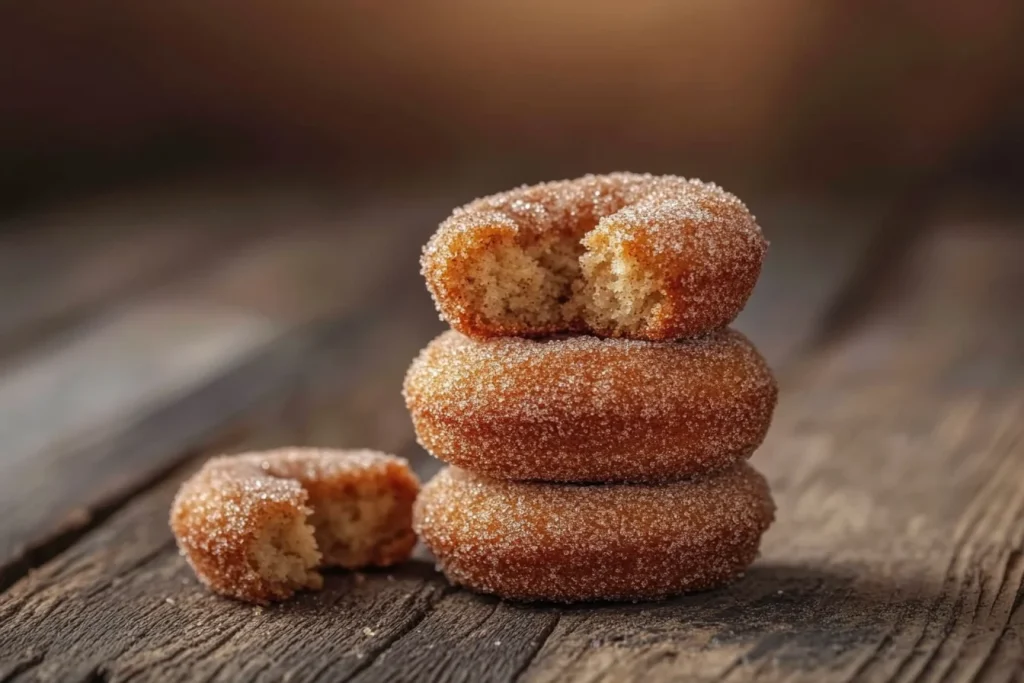 Vegetarian cinnamon sugar donut muffins arranged on a plate.