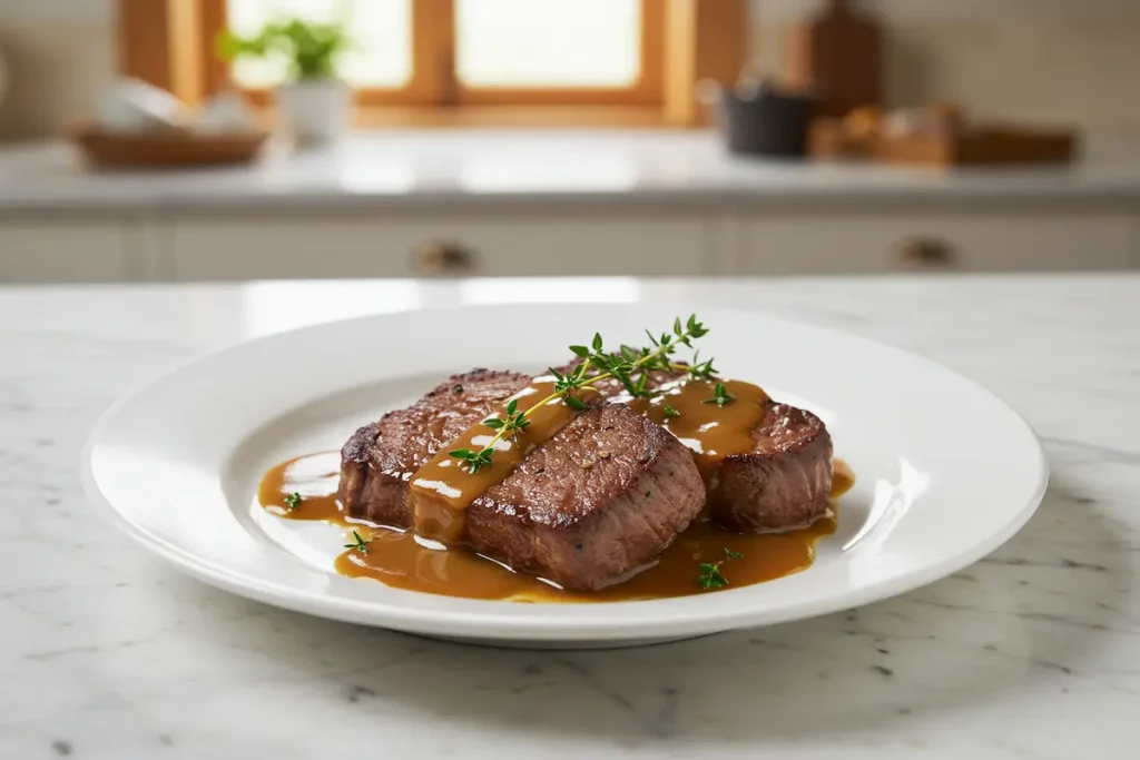 A plate of naturally delicious deer meat cube steak with gravy.