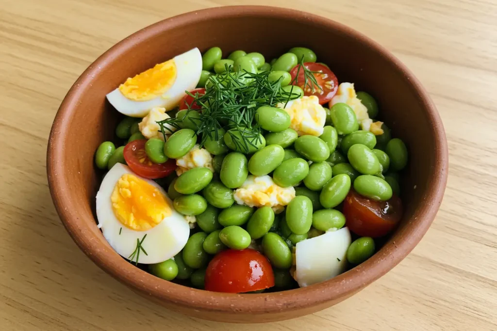 A bowl of naturally delicious edamame egg recipes salad.