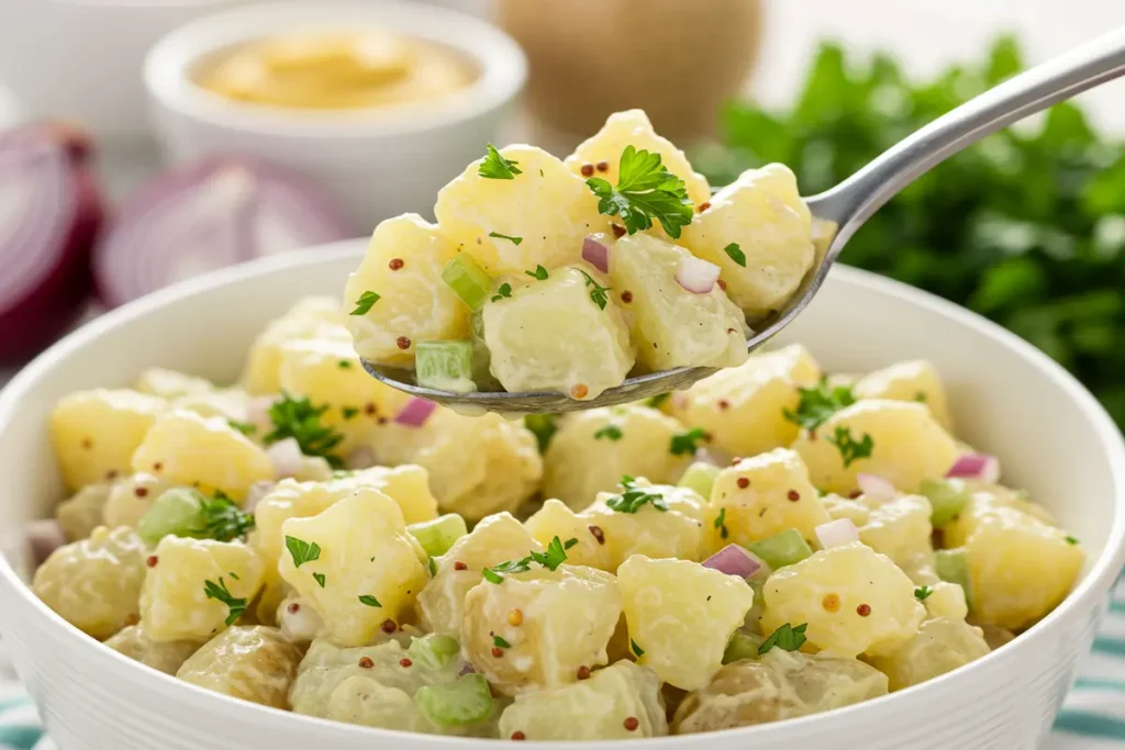A bowl of creamy naturally delicious Hellmann's Potato Salad Recipe.