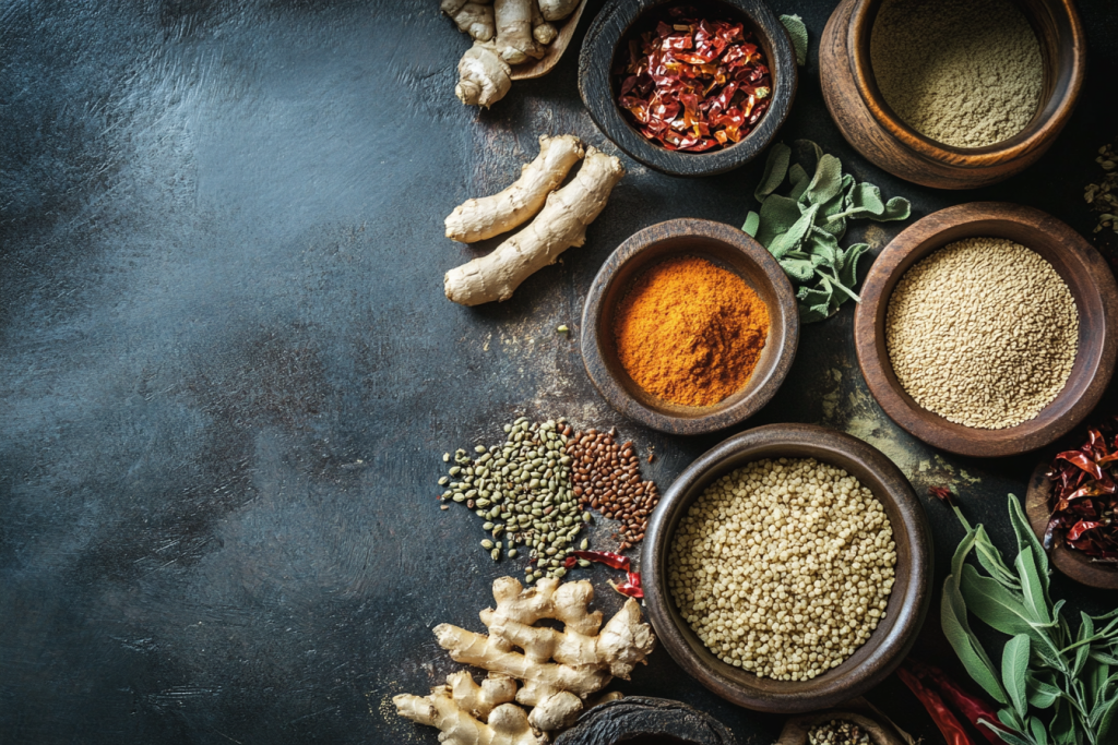 Various spices, ginger, and herbs are arranged on a dark textured surface.