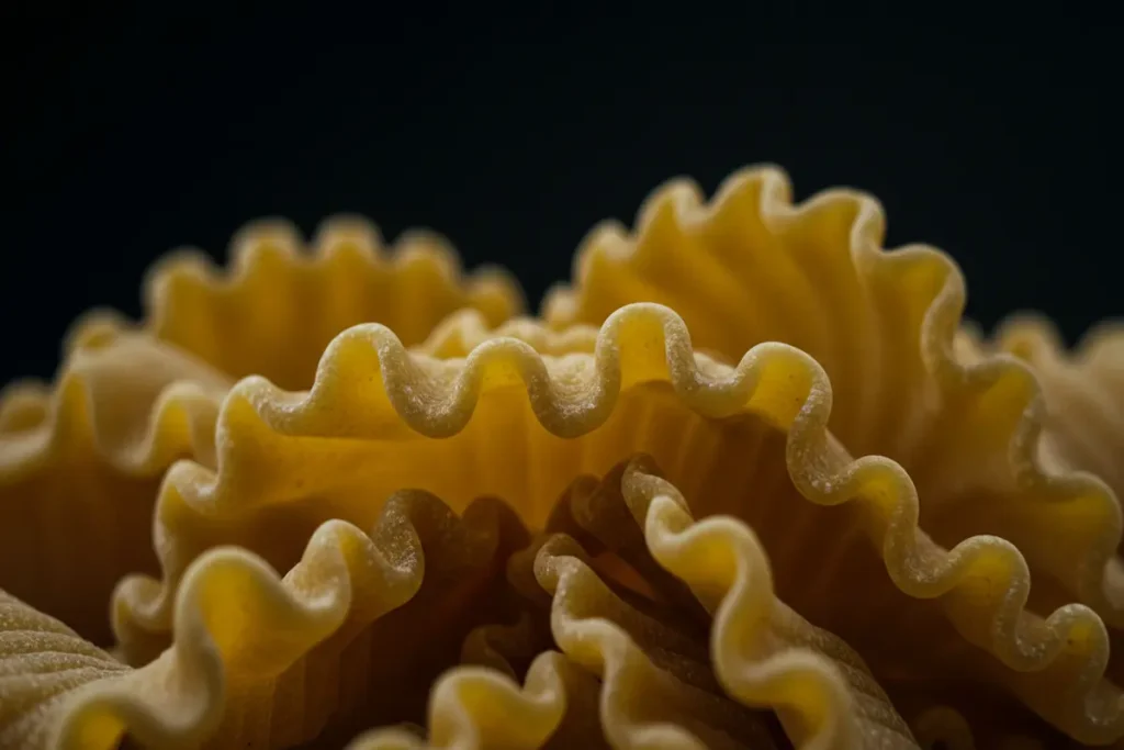 Close-up of uncooked Mafaldine pasta, showcasing its unique ruffled edges and ribbon-like shape