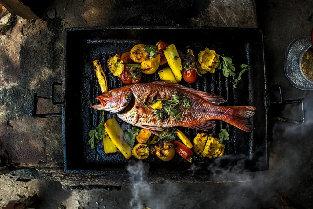A whole grilled red snapper lies on a grill pan with roasted vegetables.