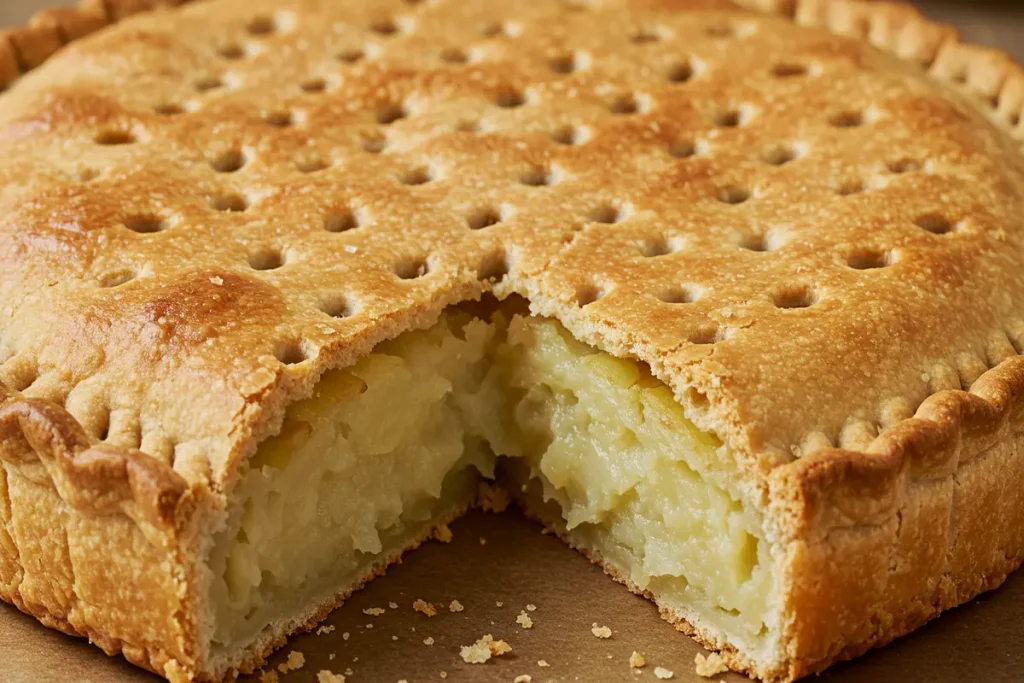 Close-up, slightly angled shot of a Passover potato pie showing a golden brown, crispy crust and the layered potato structure beneath.