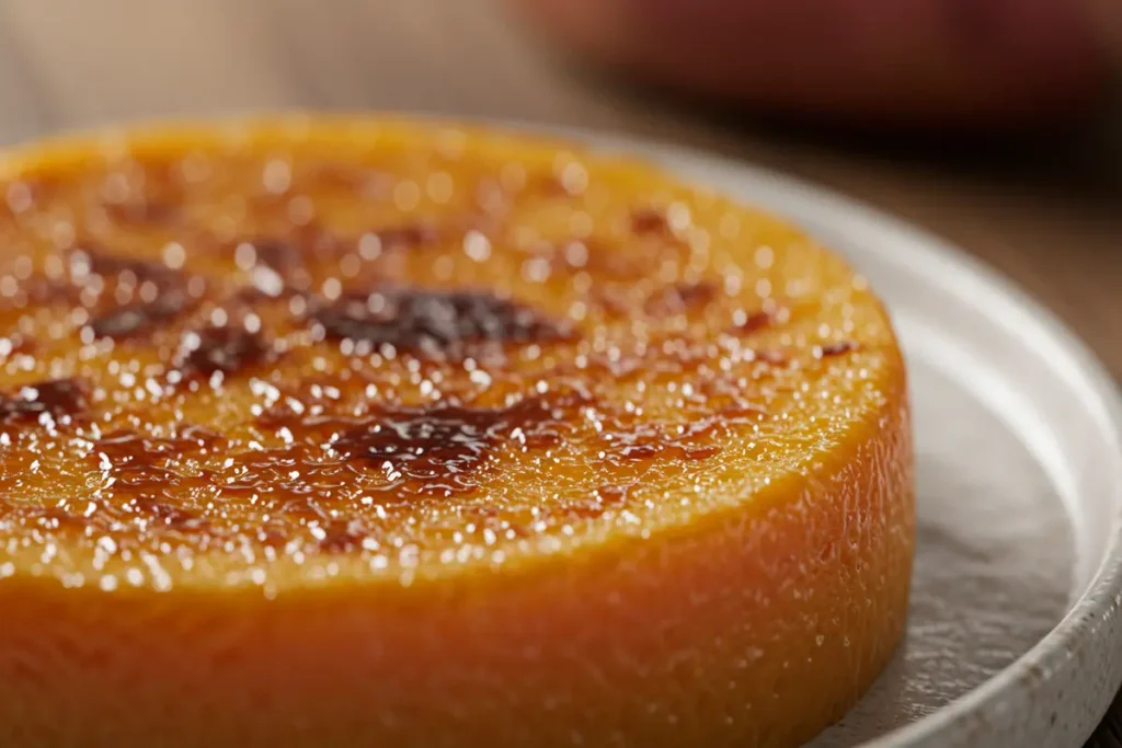 Close-up of sweet potato brulee with a crackly caramelized sugar crust, revealing creamy orange sweet potato underneath. The brulee is partially broken, highlighting its texture.