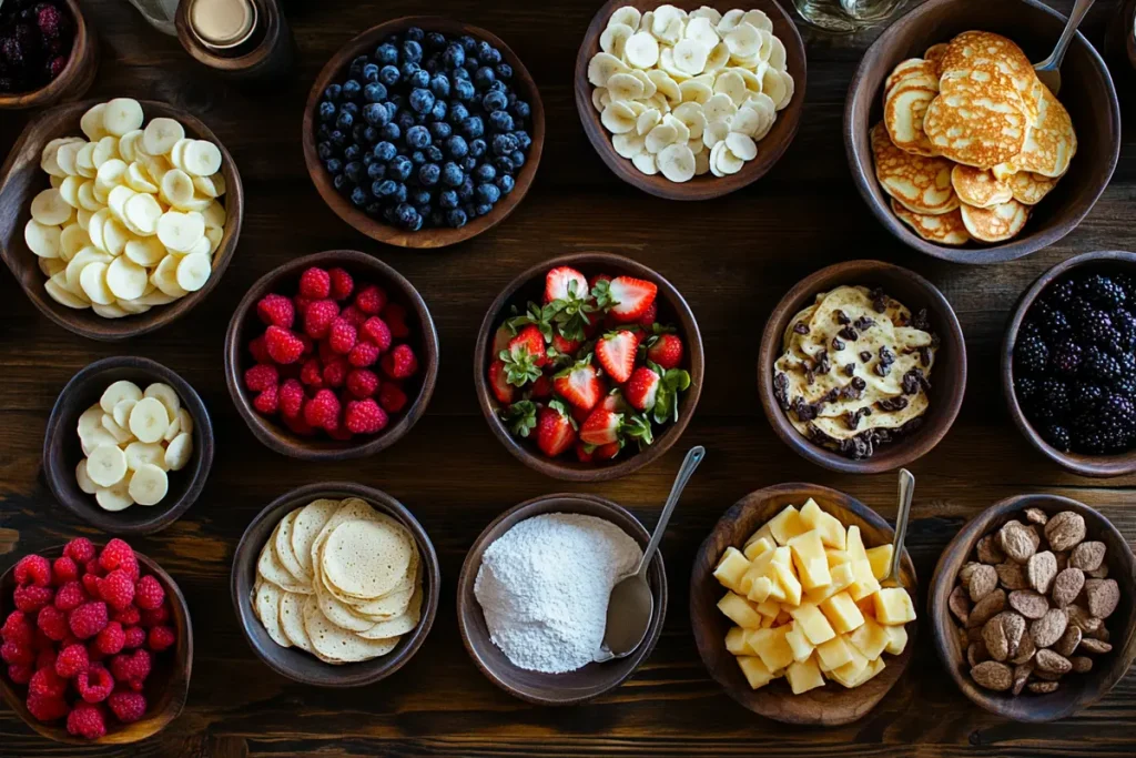 A variety of delicious topping ideas for mini pancakes displayed in an enticing manner.