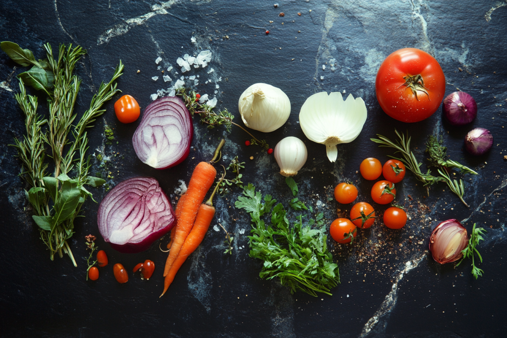 An assortment of fresh vegetables and herbs sits on a dark marble surface.