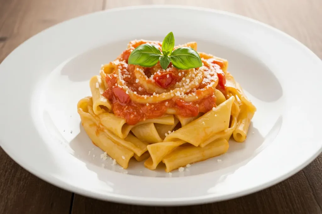 Pasta with tomato sauce and basil garnish served on a white plate.
