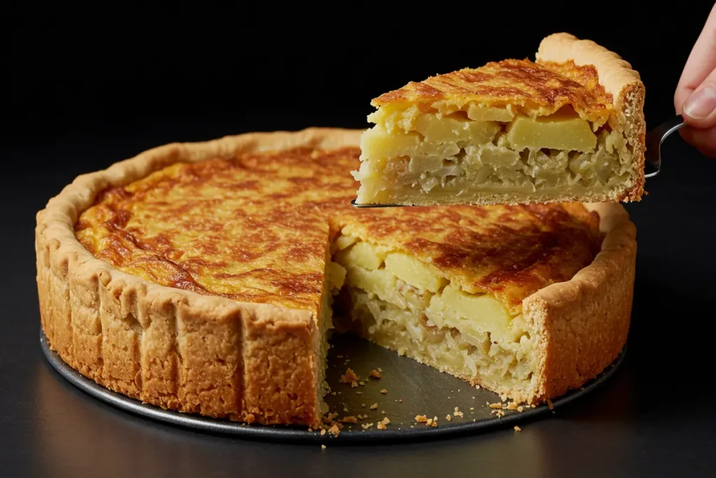 A slice of Passover potato pie shown on a plate, revealing the layered interior. A serving with sour cream and a sprinkle of chives.