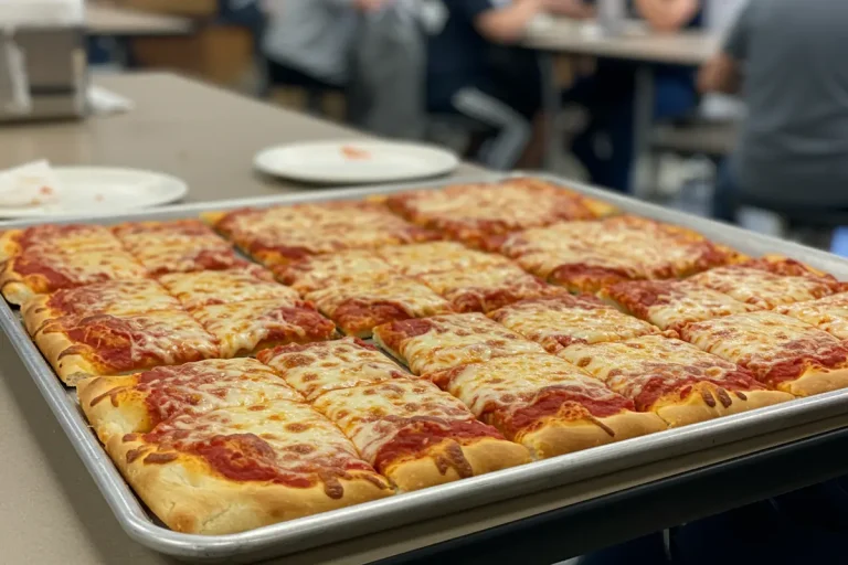 A sheet pan of rectangular pizza slices sits on a table.