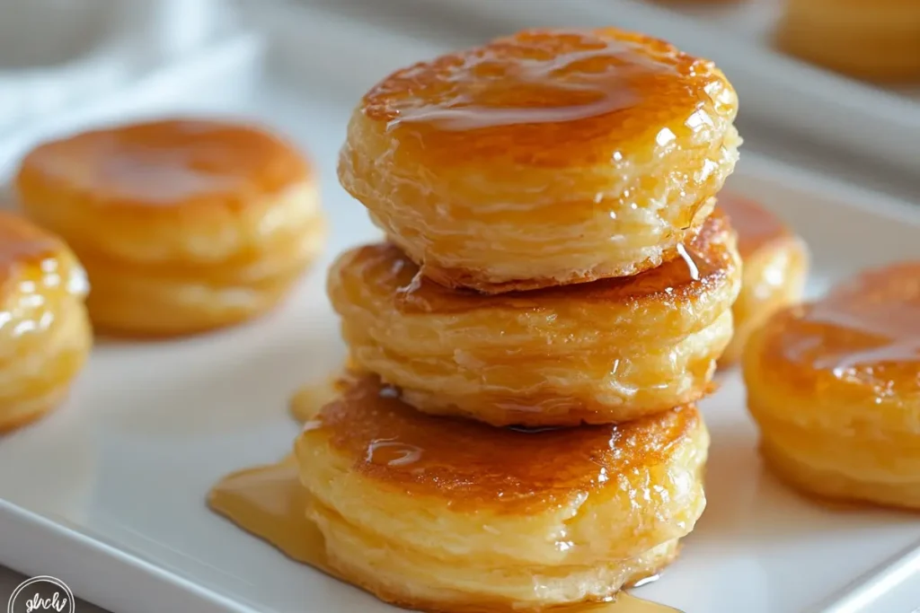 A stack of three golden brown puff cakes drizzled with syrup sits on a white plate.