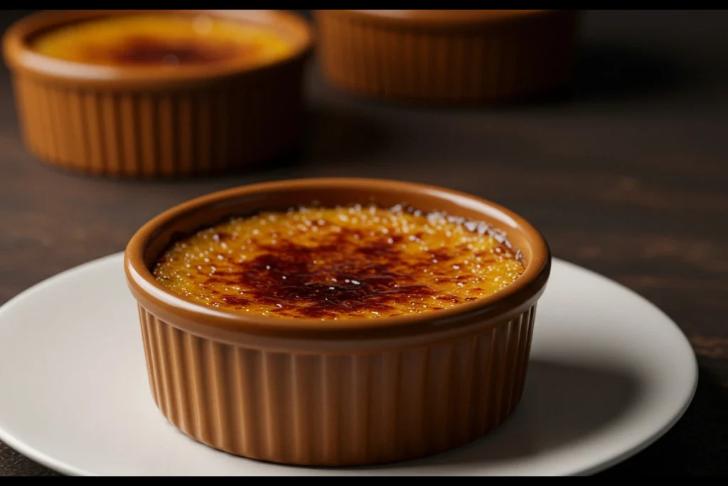 Close-up of sweet potato brulee with a crackly caramelized sugar crust, revealing creamy orange sweet potato underneath. The brulee is partially broken, highlighting its texture.