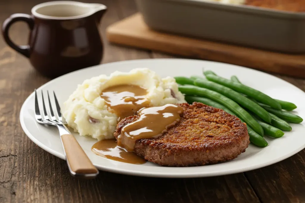 A plate of naturally delicious deer meat cube steak with gravy.