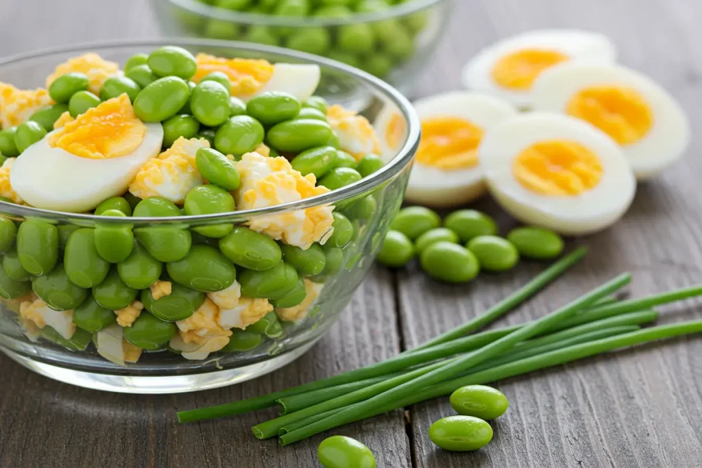 A bowl of naturally delicious edamame egg recipes salad.