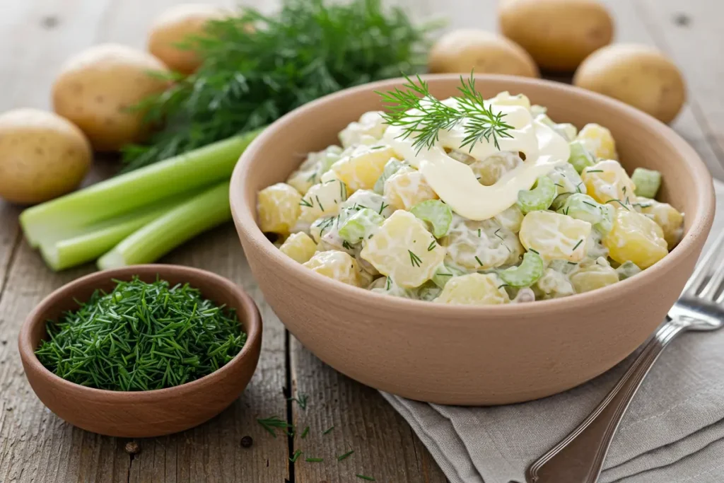 A bowl of creamy naturally delicious Hellmann's Potato Salad Recipe.