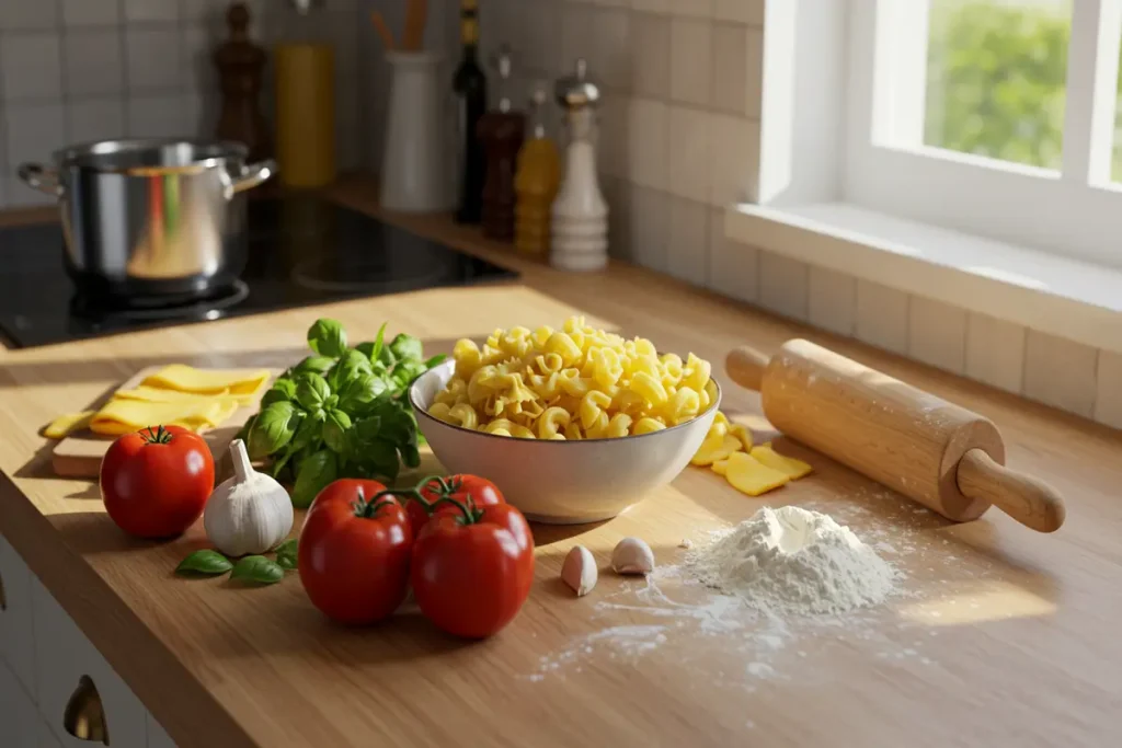 Mafaldine pasta cooking with sauce ingredients. Preparation of the dish