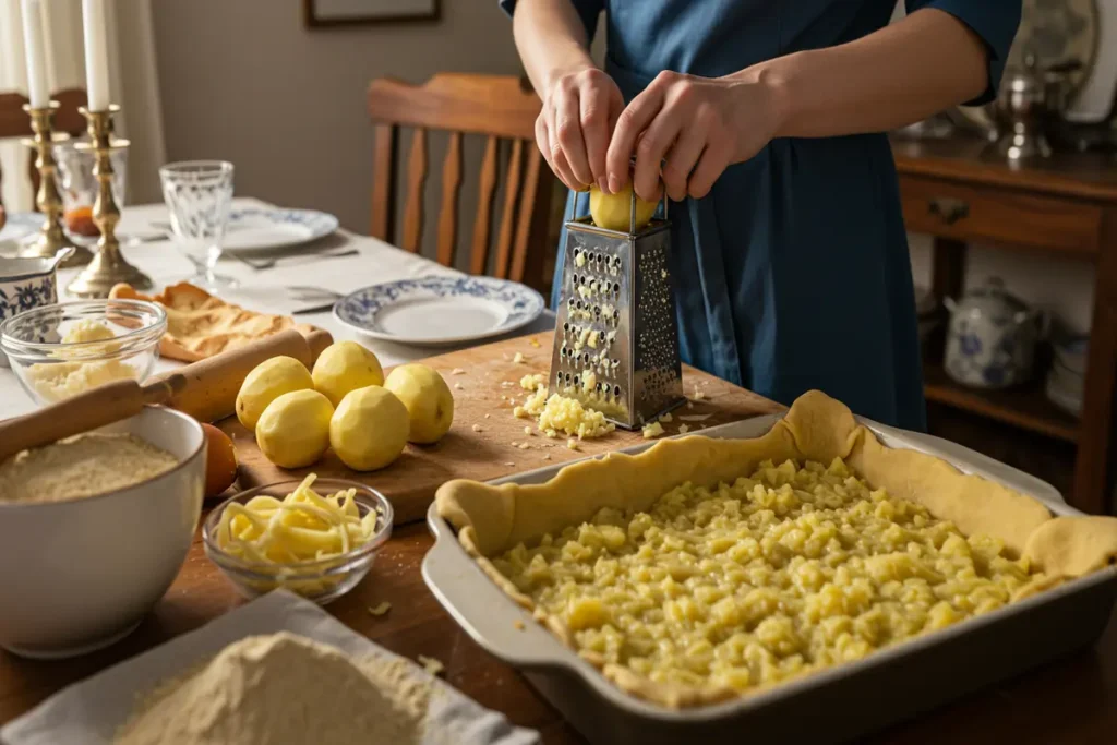 Scene showing the ingredients for Passover potato pie: sliced potatoes, onions, eggs, and spices. View of layered ingredients in the pie dish.