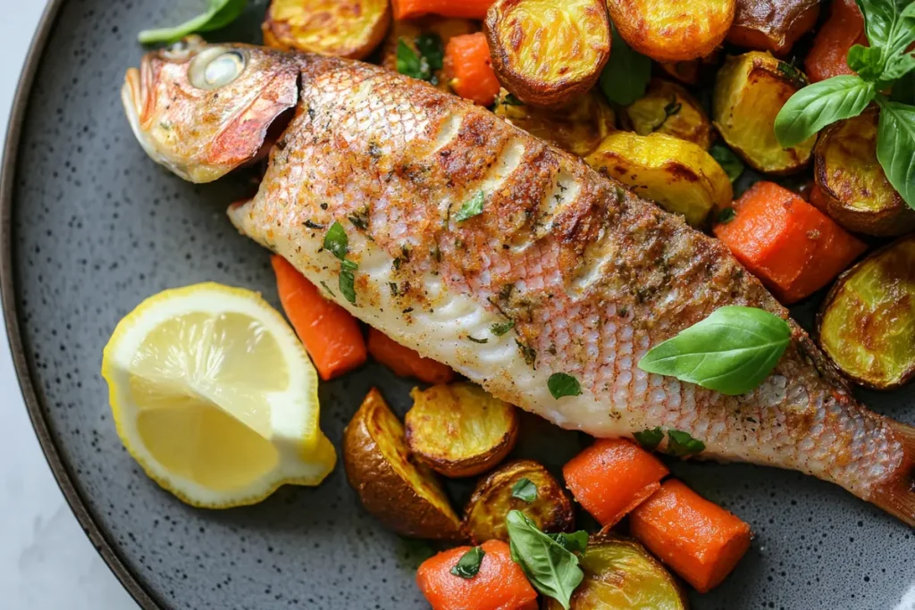 Dive into a delicious and healthy meal with this flavorful roasted fish and vegetables.
