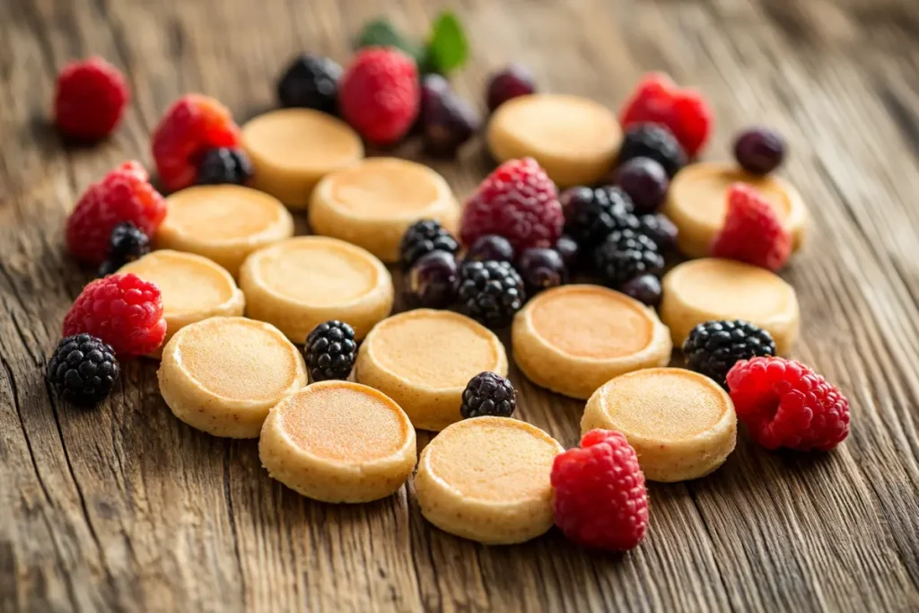 Mini pancakes and fresh berries are scattered on a wooden table.