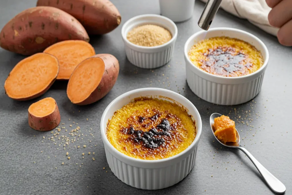 Scene showing the preparation of sweet potato brulee, with raw sweet potatoes, caramelized sugar, and the finished dish visible. Kitchen setting with natural light.