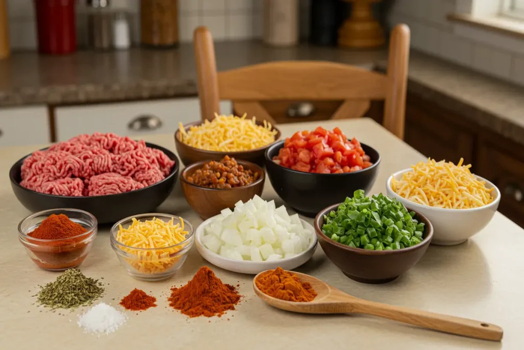 ngredients for Taco Soup Frios: canned beans, corn, diced tomatoes, peppers, and spices. Shows a relaxed and inviting kitchen scene.