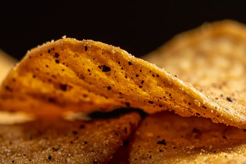 Macro shot of a beef chip, showing its crispy texture
