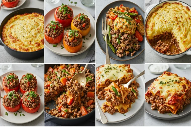 A collage showcasing various ground beef recipes, including stuffed peppers, lasagna, and shepherd's pie.