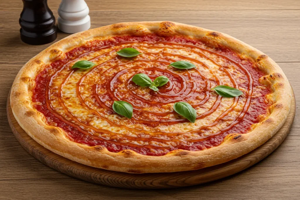 A whole marks pizza with sweet sauce on a table.