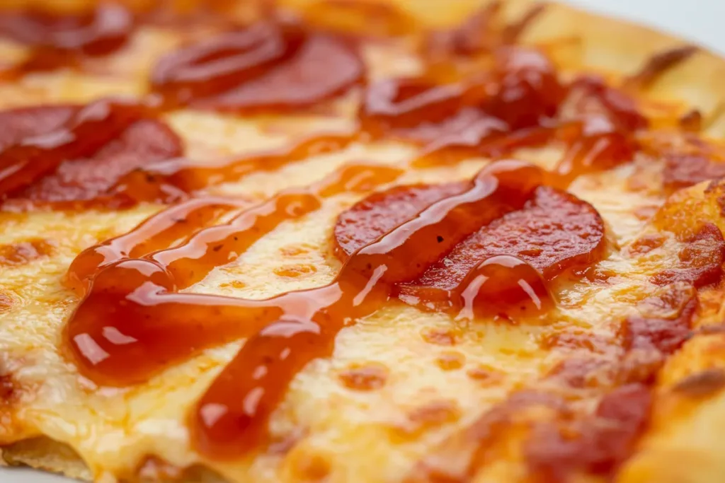 Close-up of a pizza slice featuring marks pizza sweet sauce.
