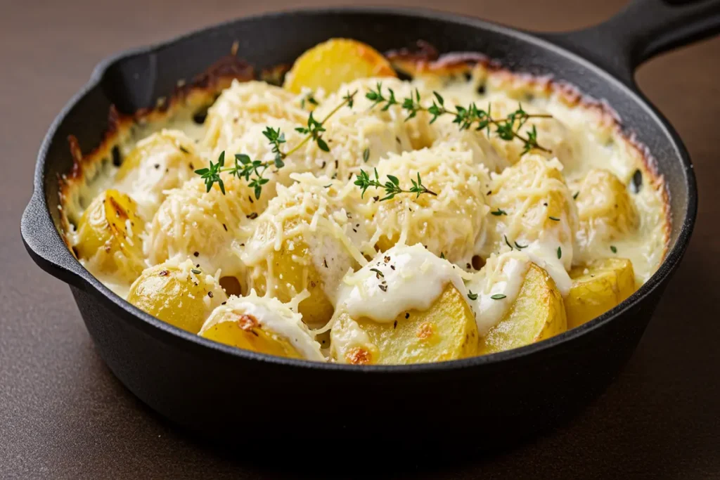 Close-up, smothered potatoes, creamy sauce, in a cast iron pan