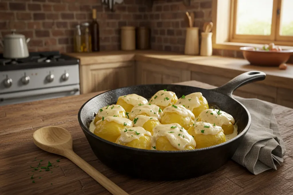 Smothered potatoes in a cast iron skillet with a wooden spoon 