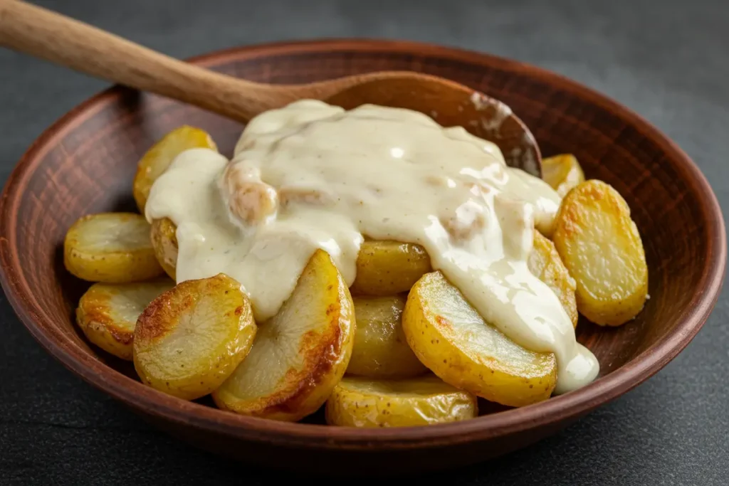 Close-up shot of a plate of smothered potatoes
