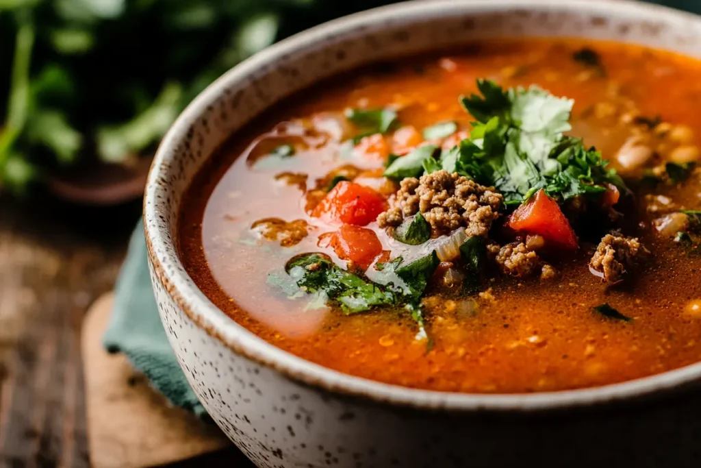 A close-up image of a bowl of taco soup with ground beef and cilantro.