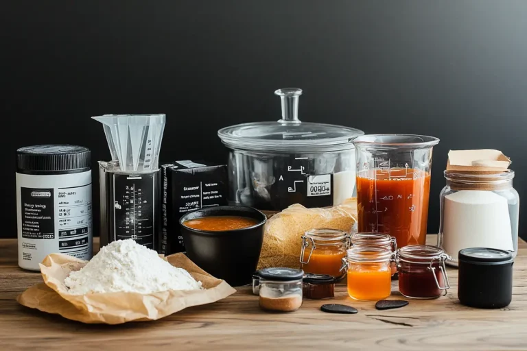 An array of baking ingredients and tools are arranged on a wooden table against a dark backdrop.