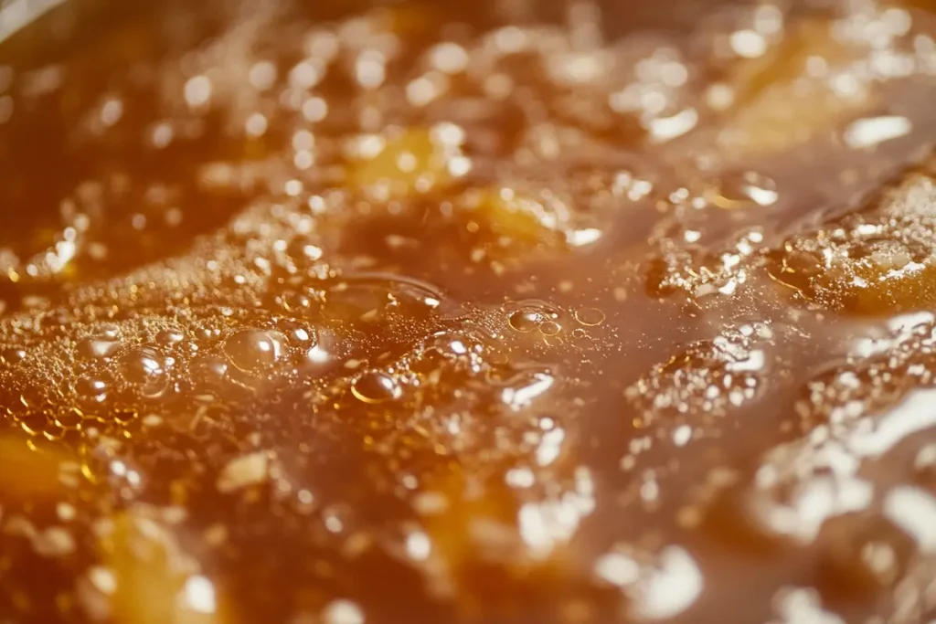 Close-up of a taco soup bubbling, amber-colored liquid.