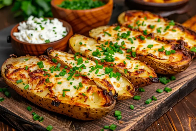 Three roasted potato halves topped with melted cheese and chives are presented on a wooden board.