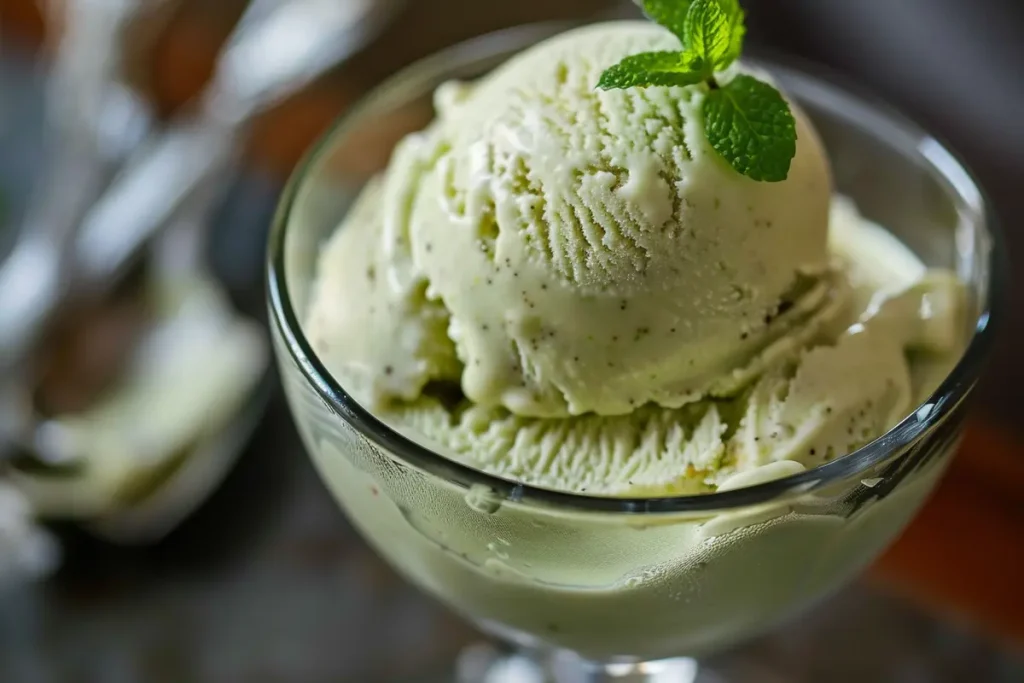 A scoop of pistachio ice cream sits in a glass bowl, garnished with a sprig of mint.
