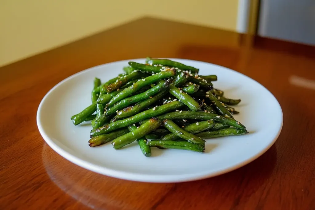 A plate of blistered green beans topped with sesame seeds sits on a wooden table.