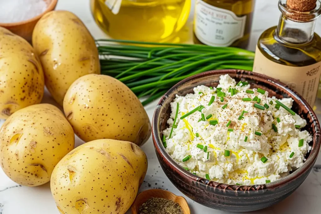 A bowl of ricotta cheese topped with chives sits beside fresh potatoes, chives, and olive oil.