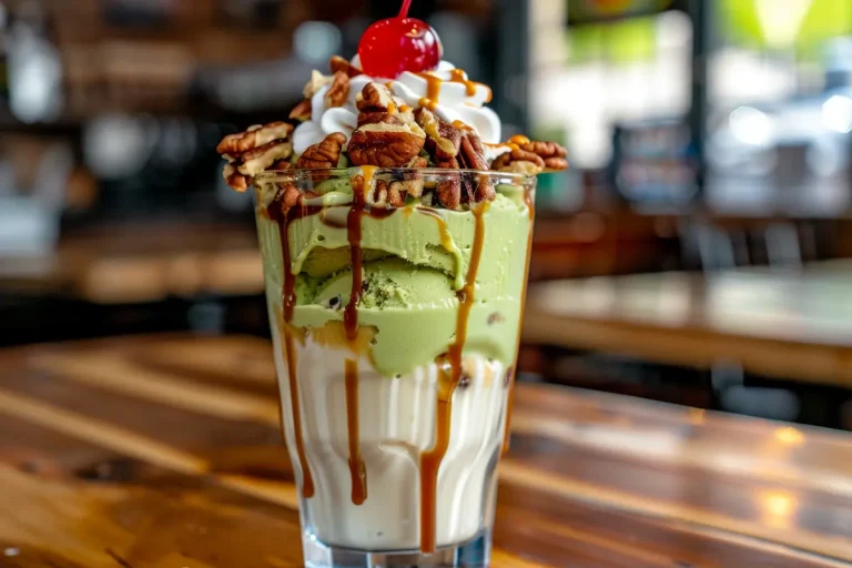 A tall glass is filled with layers of pistachio ice cream, vanilla ice cream, whipped cream, pecans, and a cherry on top, with caramel sauce drizzled over it.