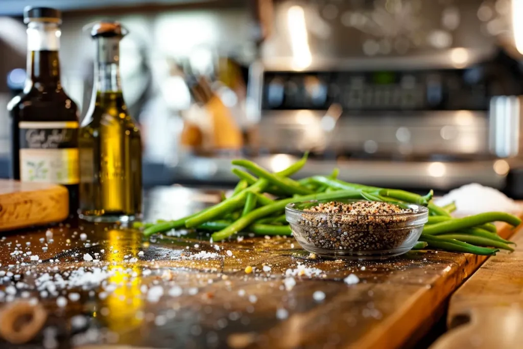 Fresh green beans, seasoning, and olive oil sit on a wooden kitchen counter.