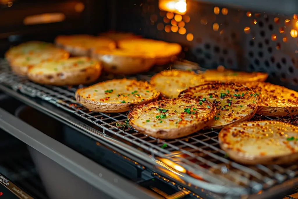 Sliced potatoes seasoned with herbs are roasted on a wire rack in an oven.
