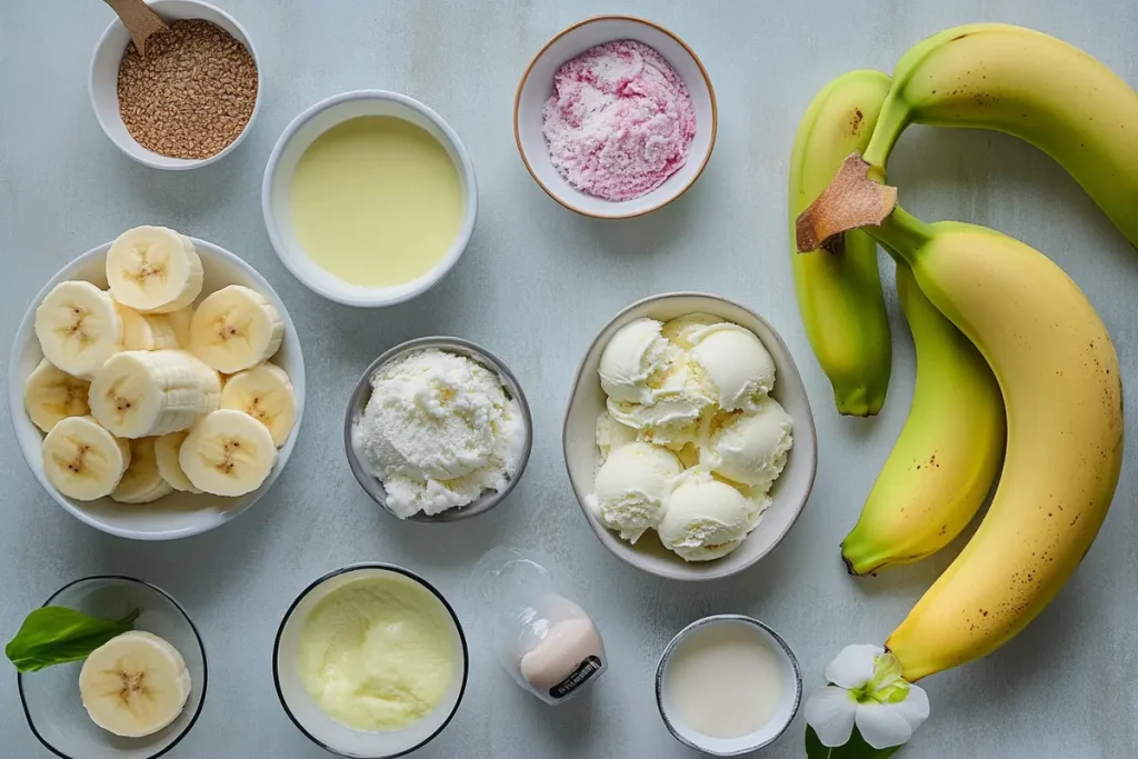 A flat lay showcases various ingredients, including bananas, ice cream, and other components, likely for a dessert recipe.

