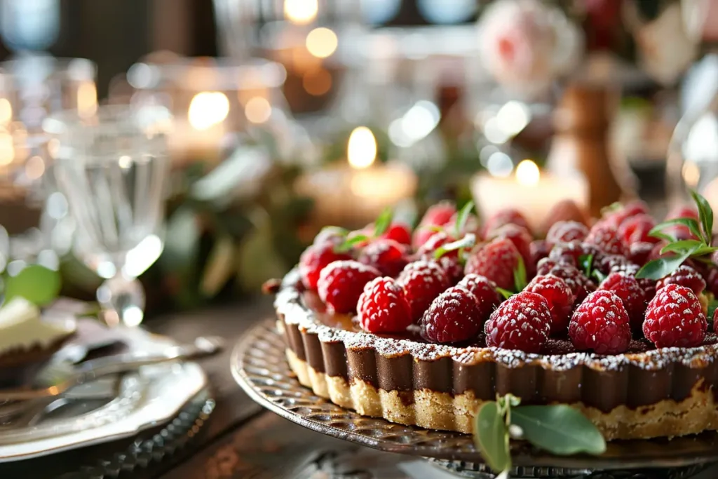 A chocolate tart topped with fresh raspberries and a dusting of powdered sugar sits on a decorative plate.