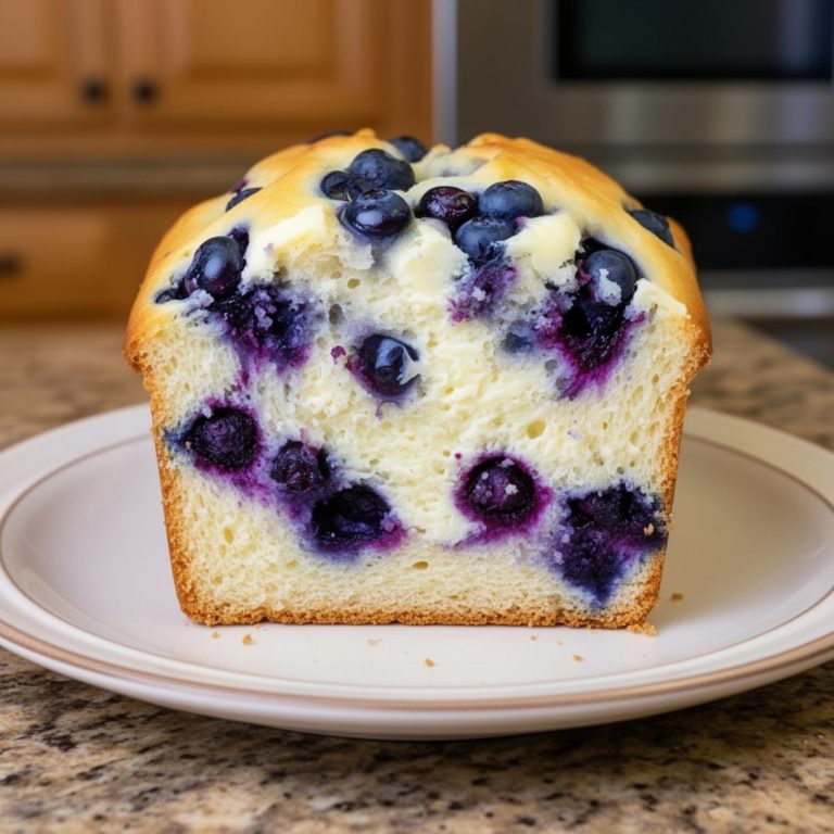 A close-up shows a sliced blueberry loaf cake with a golden crust and purple berries throughout its light crumb.
