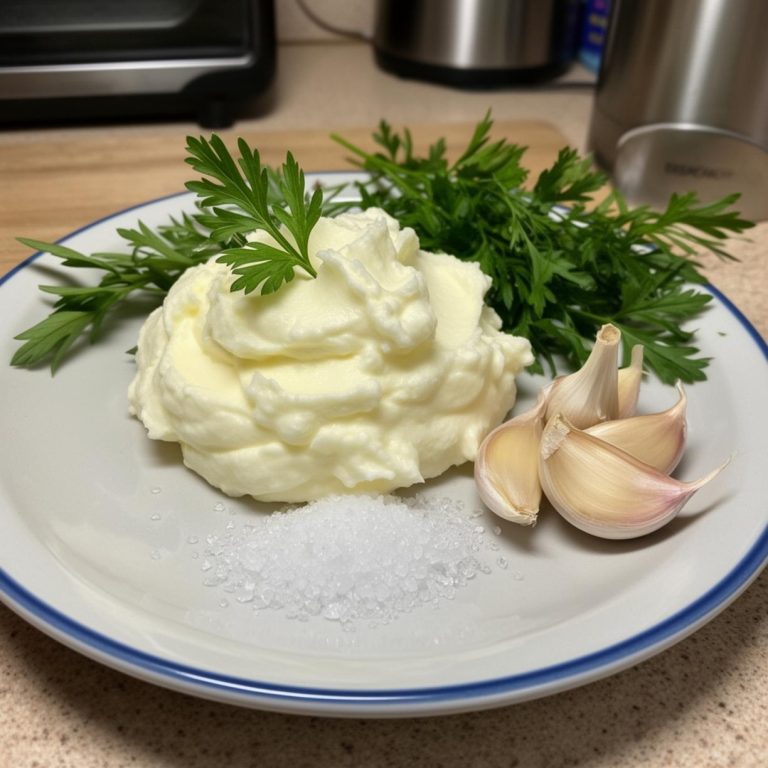 A white plate holds a mound of whipped butter, a sprig of parsley, several garlic cloves, and a pile of coarse salt.