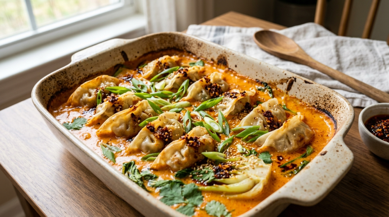 A ceramic baking dish is filled with dumplings in a vibrant orange sauce, garnished with green onions and chili crisp.